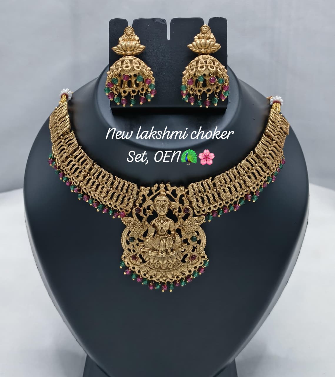 Ruby Emerald Accents Goddess Lakshmi Temple Choker Set